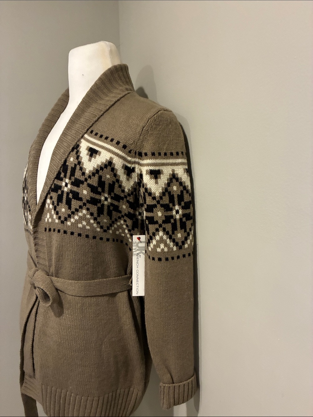 French Connection Tan Fair Isle Belted Cardigan Sweater - Picture 6 of 8